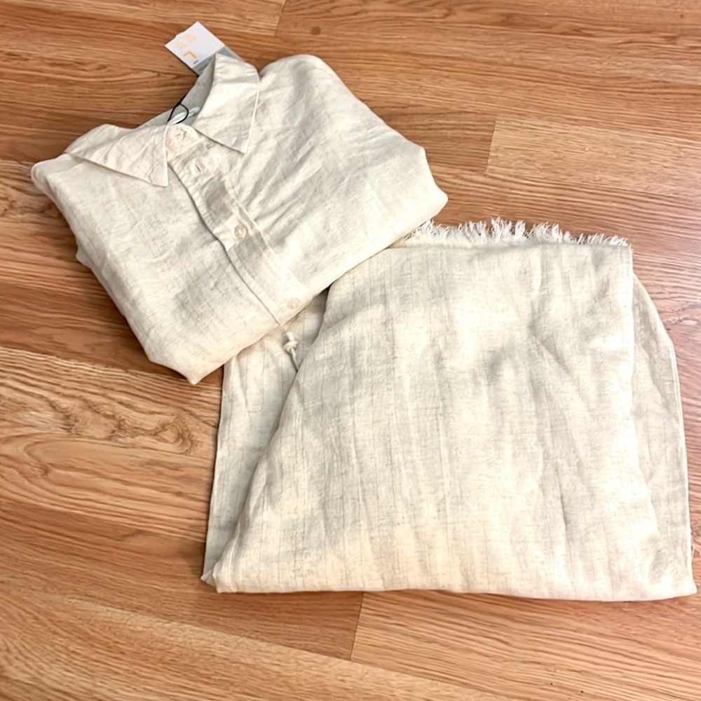 NWT,Neutral Linen Blend Textured Lounge Set Button Top + Fringe Pants EUC Size L - Picture 2 of 15